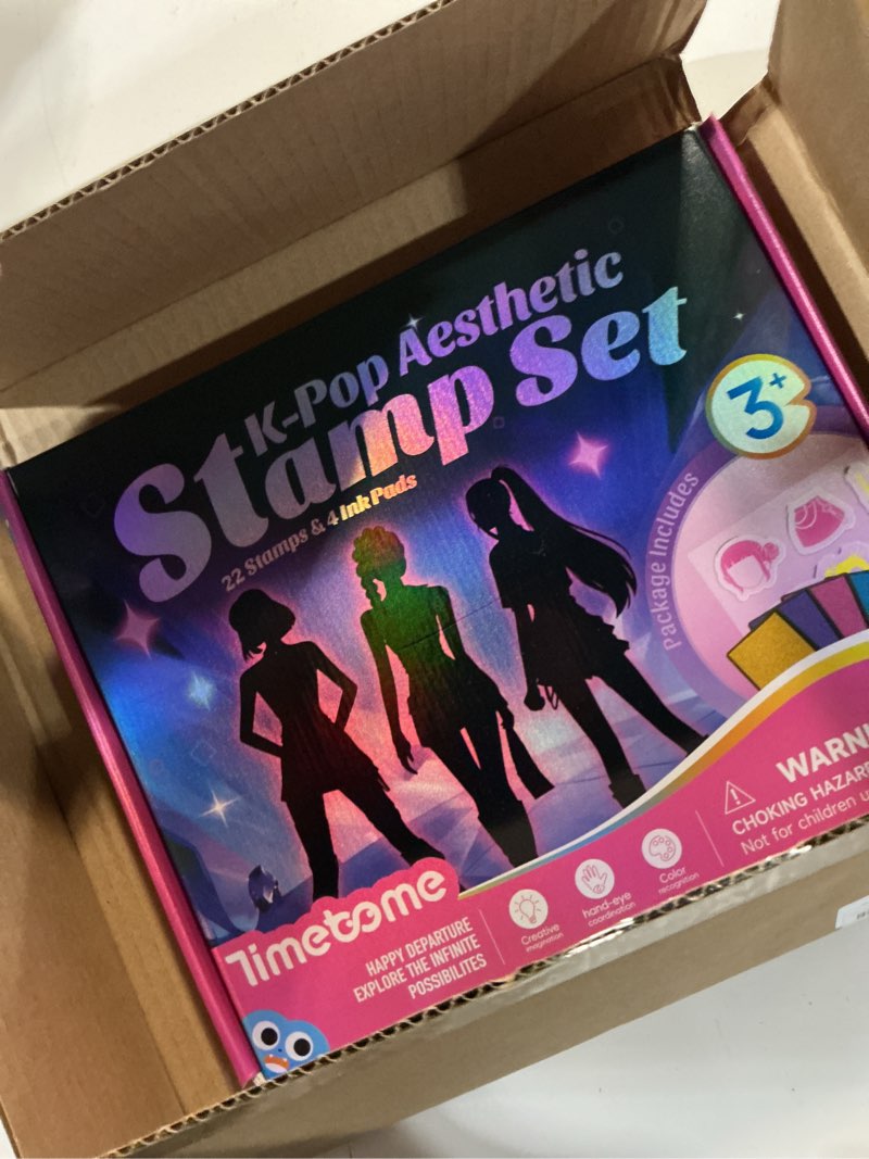 Condition photo showing New/Like New for k-pop aesthetic stamp set for kids, interchangeable dress-up stamps with 22 designs, diy creative art toy, washable ink, role play & fashion play, birthday gift for girls & boys ages 3–12