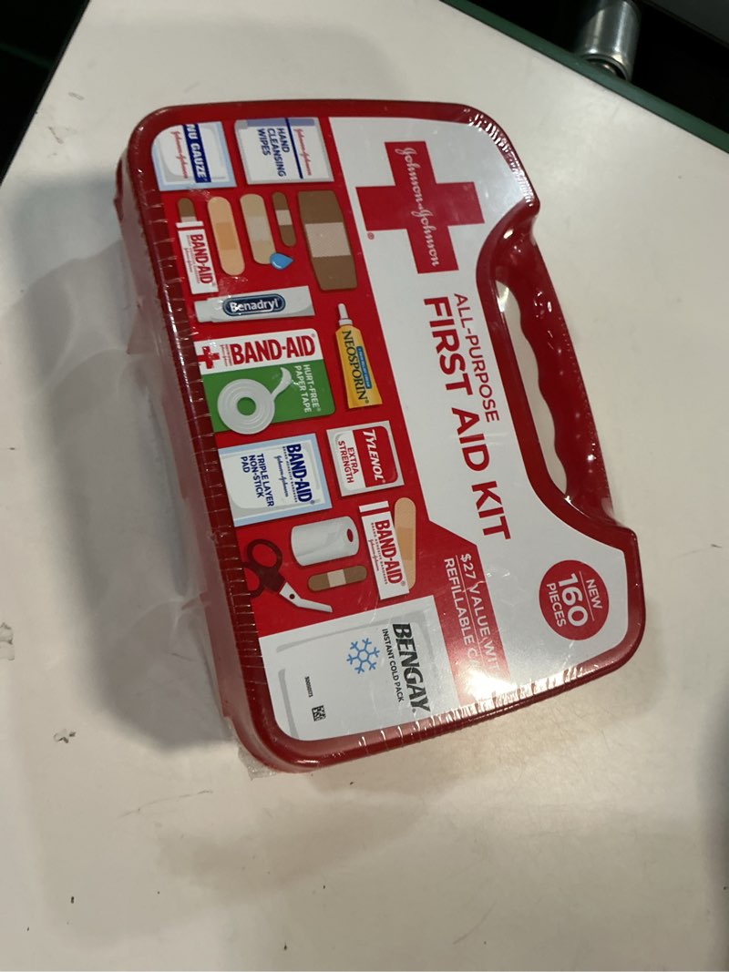 Condition photo showing New/Like New for Johnson & Johnson All-Purpose Portable Compact First Aid Kit for Minor Cuts, Scrapes, Sprains & Burns, Ideal for Home, Car, Travel, Camping and Outdoor Emergencies, 160 pieces