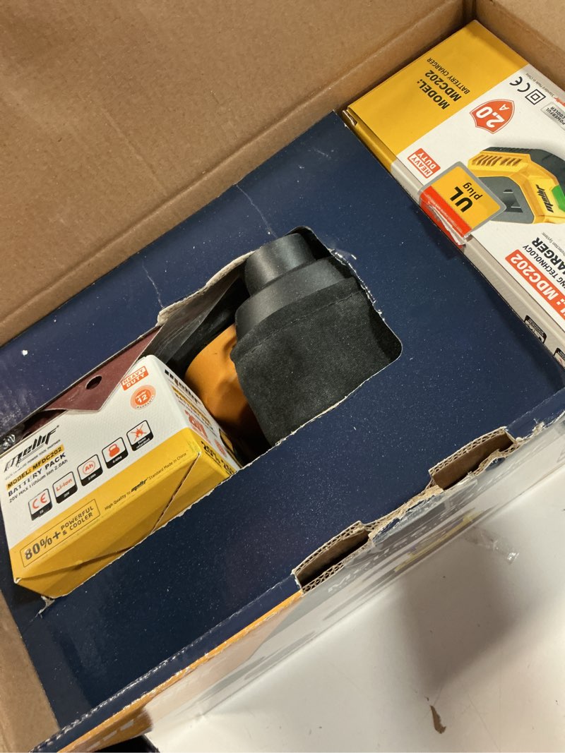 Condition photo showing As Is for cordless detail sander compatible with dewalt 20v max battery, 1.9amp, dust collector, brushless 12,000 opm speed, compact soft palm grip, 10pcs sanding pads, 2.0ah charger & battery kit