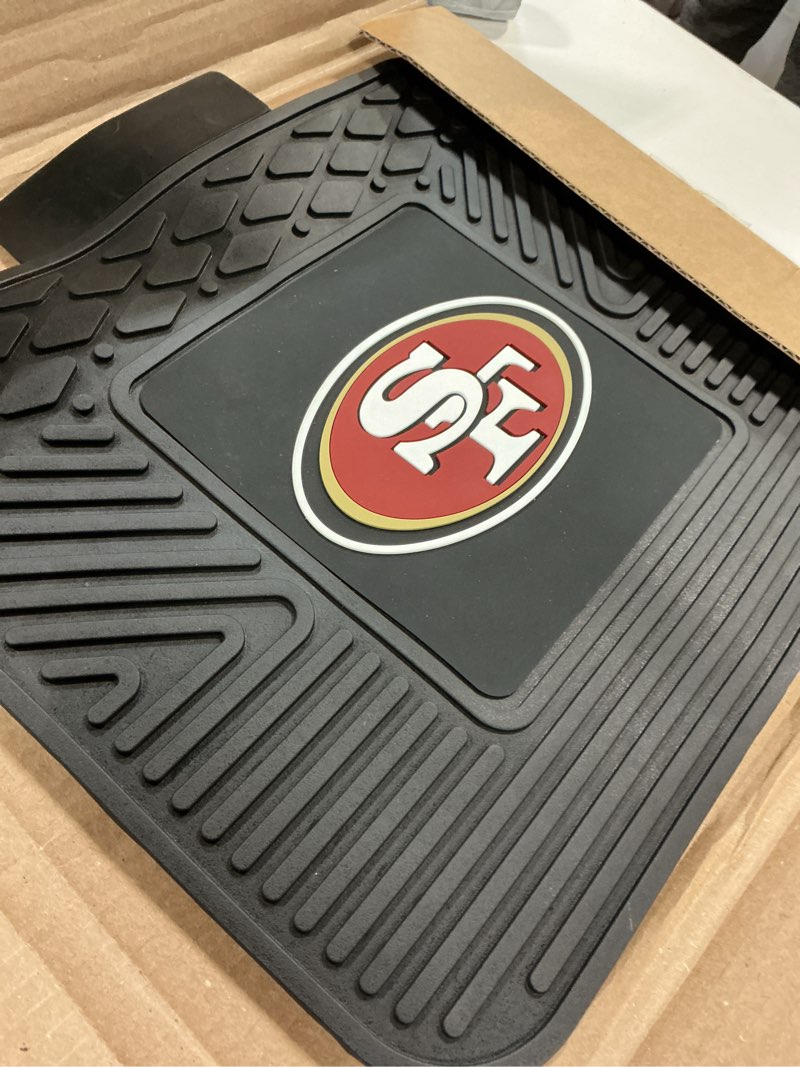 Condition photo showing As Is for FANMATS NFL - San Francisco 49ers 2 Rear Seat Utility Mats | Black | 14"x17" | Oval SF Primary Logo