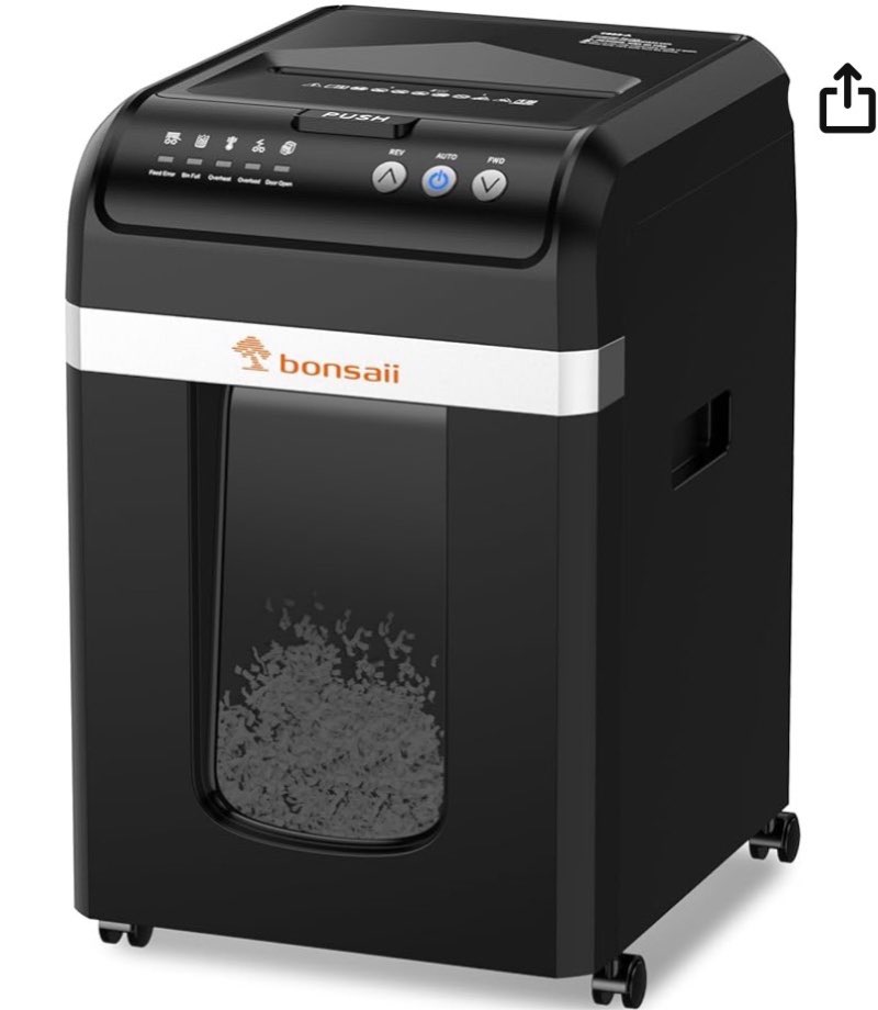 bonsaii 200-sheet auto feed paper shredder, 60-min nonstop heavy duty shredders for office, 8.1-gal bin, p4 high security  micro cut large commercial paper shredder for business (c283-a)