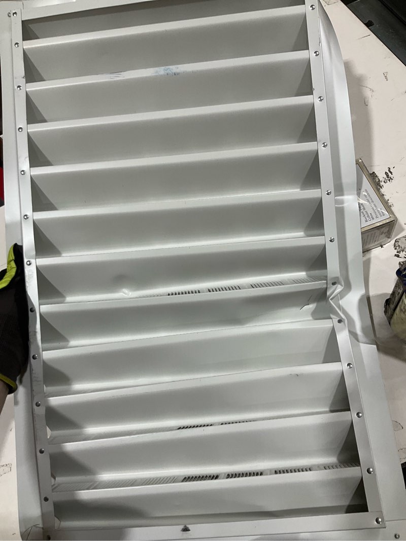 Condition photo showing As Is for air vent 14-in x 24-in white rectangle aluminum gable louver vent