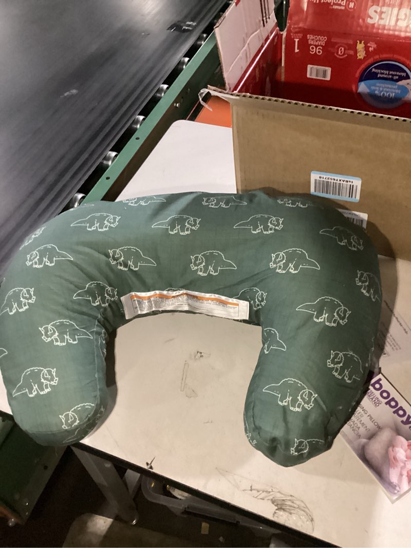 Condition photo showing As Is for Boppy Nursing Pillow - Firm, Ergonomic U-Shaped Bottle and Breastfeeding Pillow with High Lift for Comfort and Support, Spacious Surface - Forest Green Dinos New Nursing Pillow Forest Green Dinos