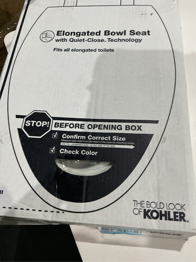 Condition photo showing As Is for kohler ridgewood wood white elongated soft close toilet seat