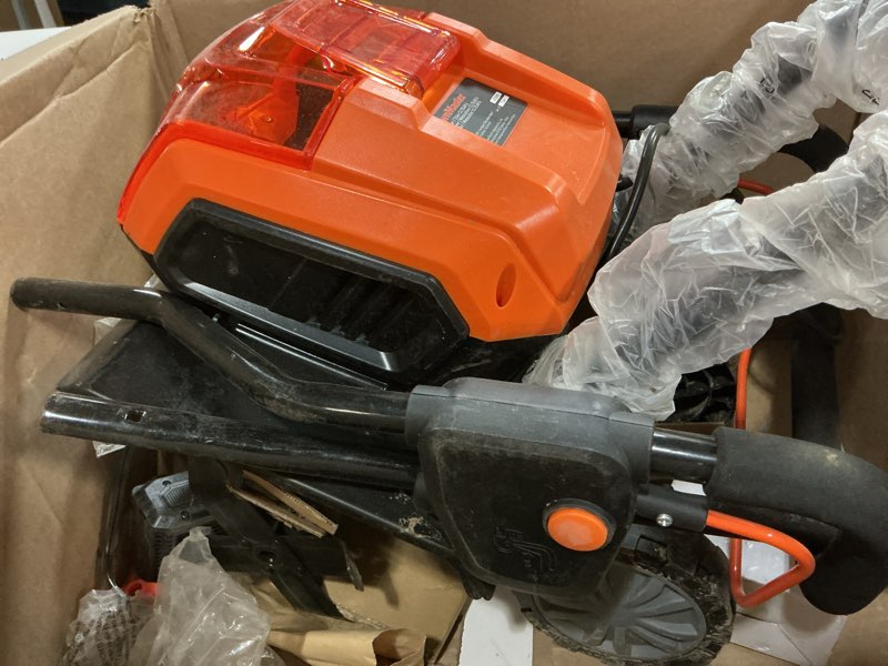 Condition photo showing As Is for lawnmaster brushless 48v max cordless tiller cultivator with 2x max 24v 4.0ah battery& 1x mx24v dual port charger, 4x blade, 14.5in width & 9in depth-clte4814 14-inch-new