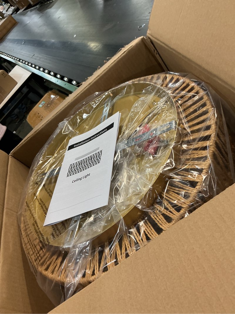 Condition photo showing Good Condition for Rattan Light Fixtures Ceiling Mount,4-Lights Boho Flush Mount Ceiling Light with Hand-Woven Shade, 18''Rattan Farmhouse Chandelier for Hallway Bedroom Kitchen Farmhouse Foyer Entryway (Gold) Gold Large