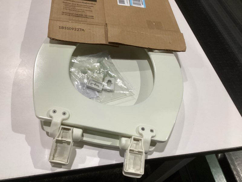 Condition photo showing As Is for mayfair cassel slow close toilet seat, easy clean, non slip premium wood seat, easy install, made in usa, round, biscuit seat round