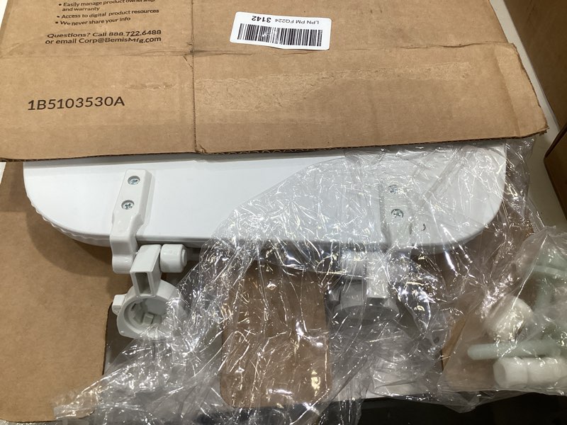 Condition photo showing As Is for mayfair padded toilet seat, cushioned soft vinyl over wood core seat, secure hinges, easy clean, made in usa, elongated, white elongated white toilet seat