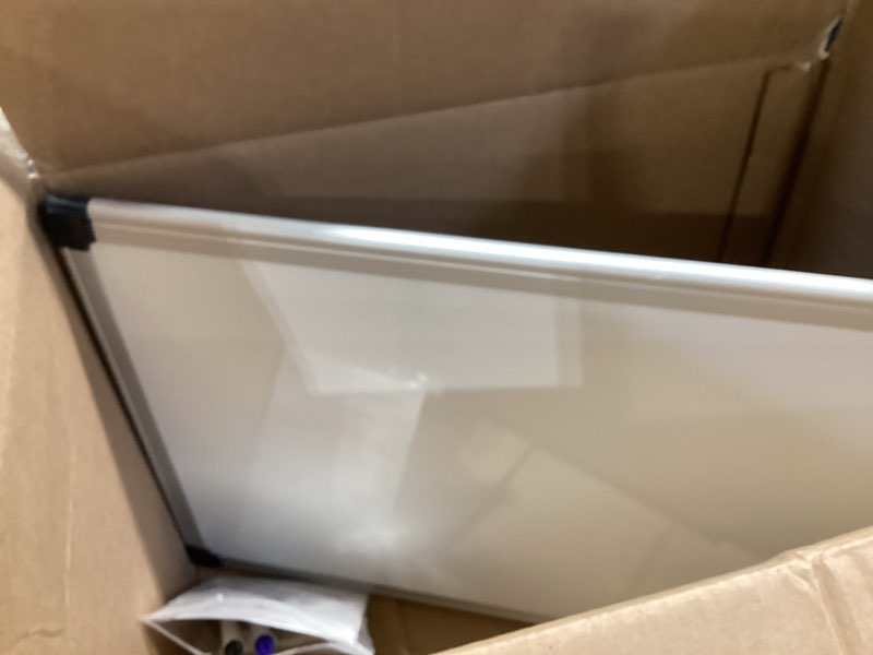 Condition photo showing As Is for vusign 18" x 12" small magnetic whiteboard for wall, dry erase board with silver frame, hanging white board for office, home, school, dorm – includes markers, magnets & eraser 18"x12"