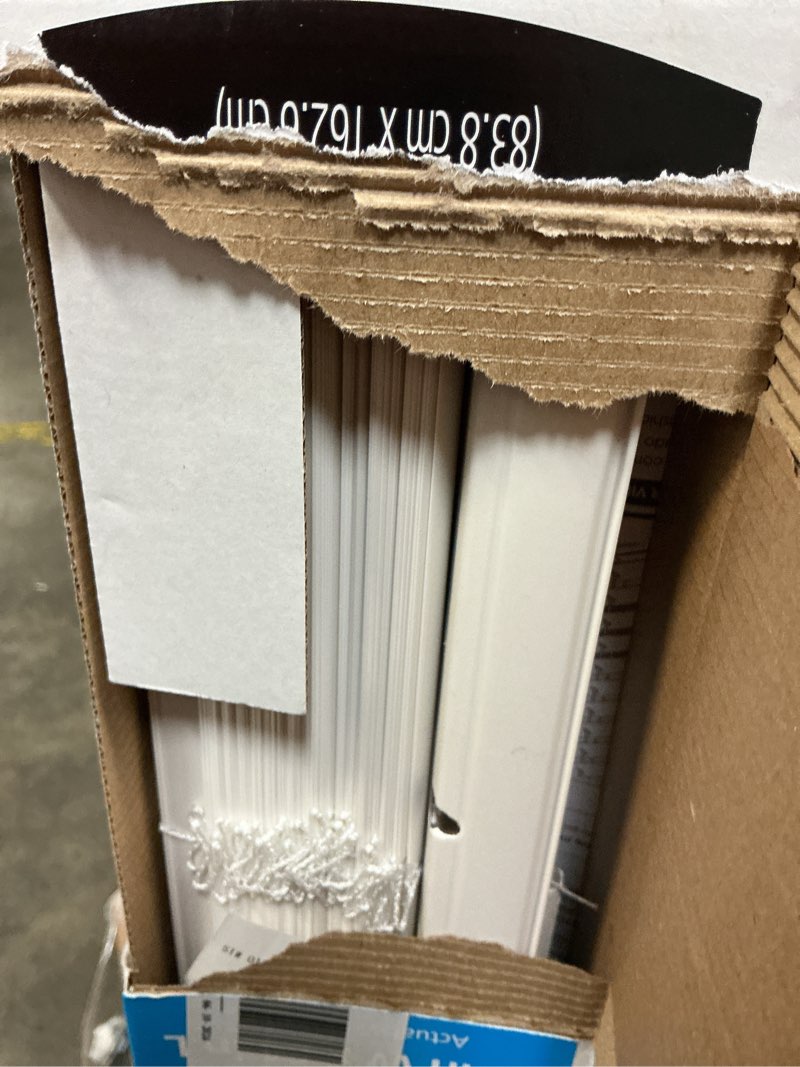 Condition photo showing As Is for mainstays cordless 1" vinyl light filtering blinds, white, 33" width x 64" length