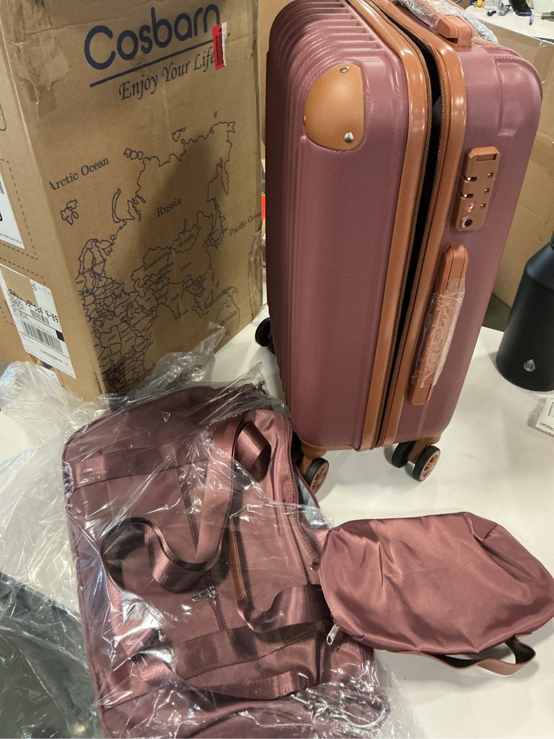 Condition photo showing New/Like New for Piece Hard Shell Luggage Set with Travel Bags,20 in Airline Certified Carry-on Luggage,Coppery (color may vary ours is carmine red)