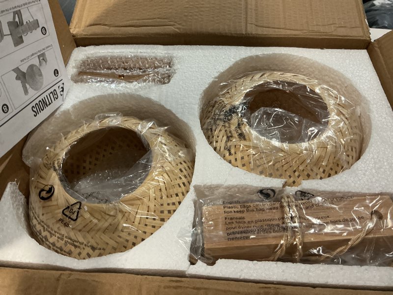 Condition photo showing Good Condition for Battery Operated Wall Sconce with Remote Set of 2, Rechargeable Boho Wall Sconces with 8000mAh Bulbs, 3CCT+12RGB Dimmable Woven Bamboo Wall Light/Lamp Rattan Sconces for Bedroom Living Room Wood-Bamboo