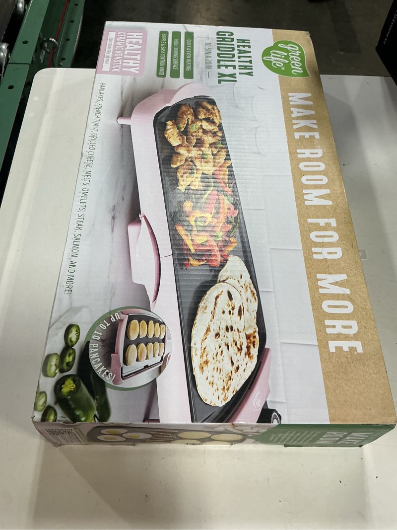 Condition photo showing New/Like New for greenlife 20" extra large electric griddle, pink | pfas-free ceramic nonstick coating, temperature control, removable dishwasher safe drip tray, pancakes, eggs, omelet, burgers soft pink