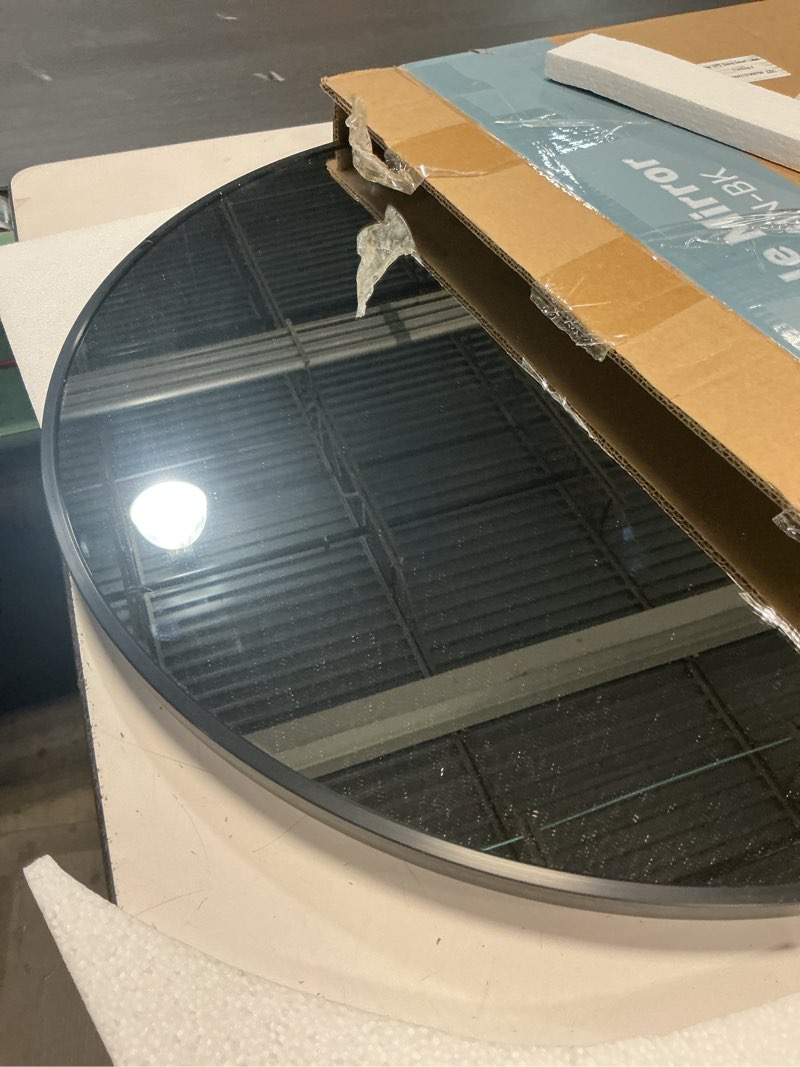 Condition photo showing Good Condition for bathroom mirror for wall, 24 inch round mirror, matte black metal framed circle vanity mirror for bathroom bedroom living room entryway, anti-rust, tempered glass, hanging or leaning