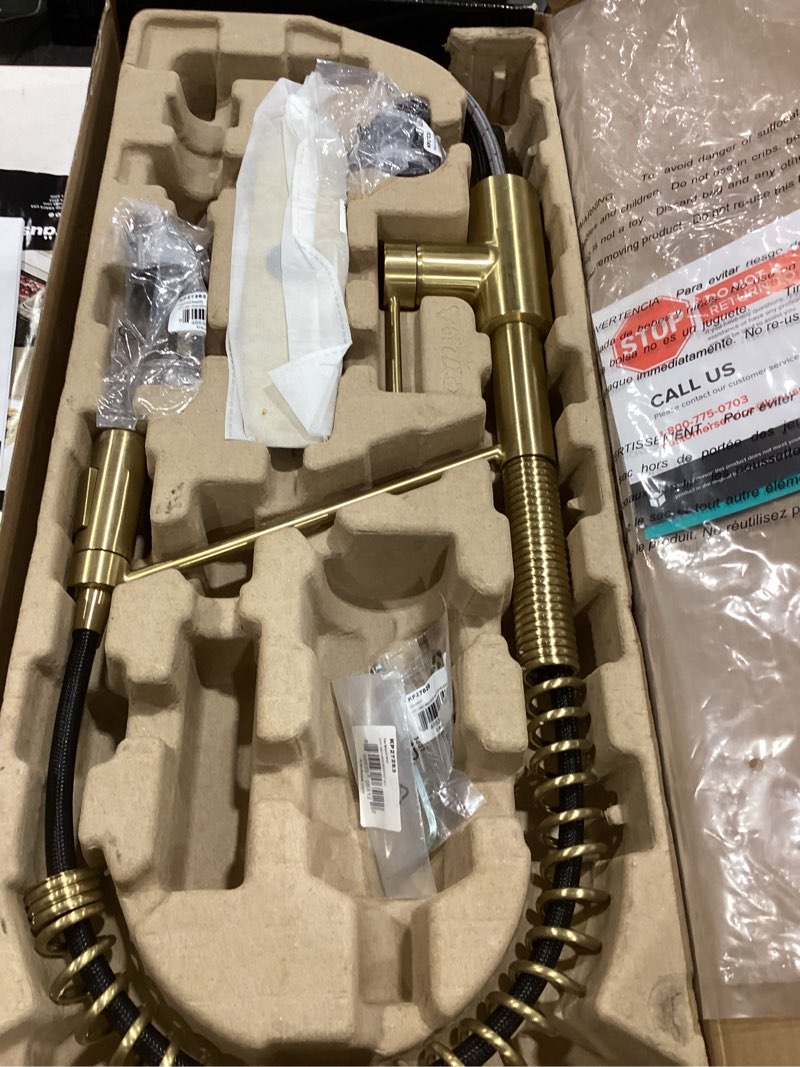 Condition photo showing As Is for KRAUS Oletto Commercial Style Single Handle Pull Down Kitchen Faucet with QuickDock Top Mount Installation Assembly in Brushed Brass, KPF-2631BB Brushed Brass Commercial Style Faucet