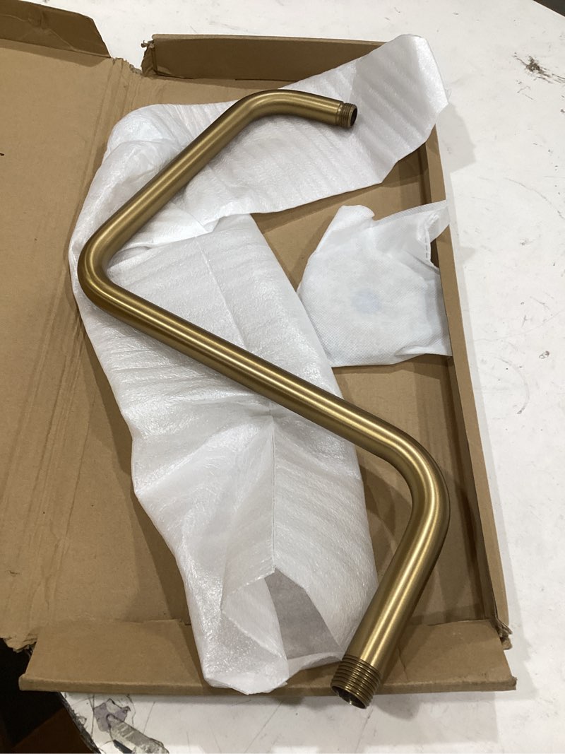 Condition photo showing As Is for s shape shower extension arm with flange, stainless steel high rise shower head extender pipe 16 inch champagne bronze?sw-rd91058-16cb. circular flange-16" champagne bronze