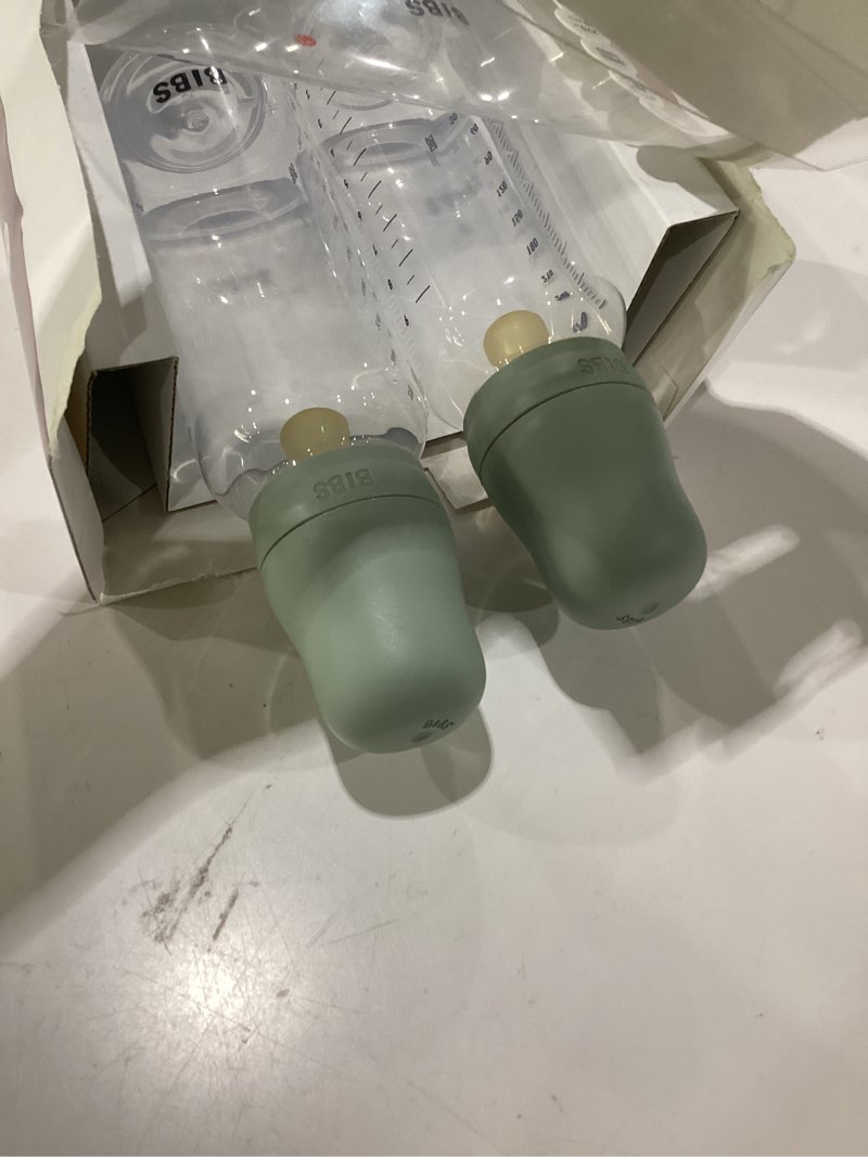 Condition photo showing As Is for bibs plastic baby bottle, 150 ml, 2-pack, natural rubber latex nipple, sage | anti-colic | slow flow | bpa-free plastic | breastfeeding support | made in denmark