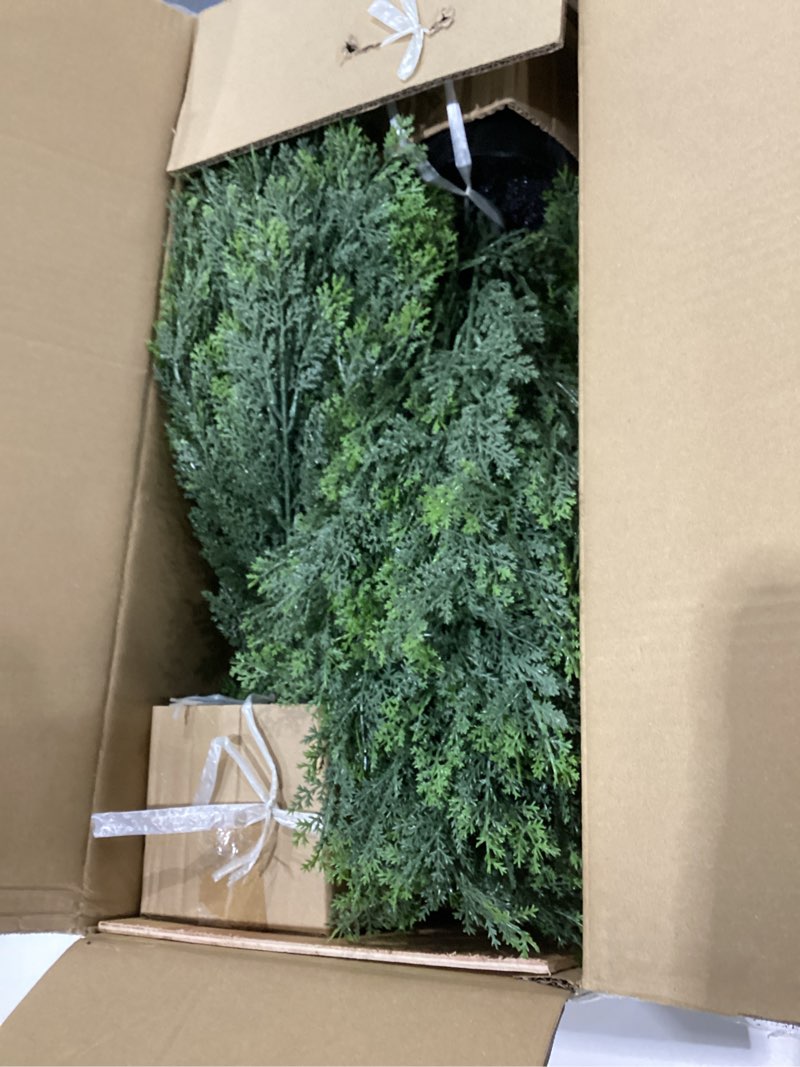 Condition photo showing As Is for MISSING PIECES Artificial Cedar Topiary Trees 3FT Tall 2 Set,Outdoor Indoor Realistic Faux Pine Plants,Fake Outdoor Plant Fake Trees for Front Porch Garden Decor