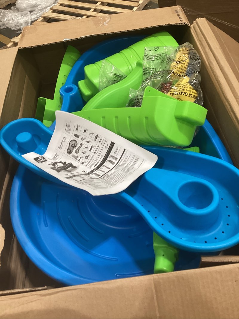 Condition photo showing As Is for step2 rain showers splash pond water table, kids water and sand activity sensory playset, summer outdoor toys, 13 piece water toy accessories, for toddlers 1.5+ years old, blue & green