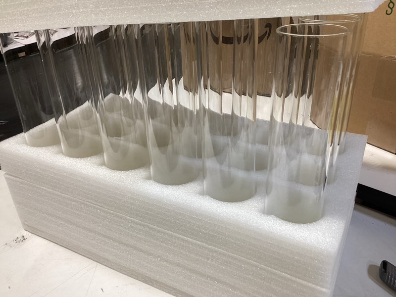 Condition photo showing Good Condition for 18 pcs hurricane candle holder sleeve, h:14" d:2.5" bottomless glass cylinder candleholder tall clear glass cylinder open both ends, chimney tube cover, open ended candle shade