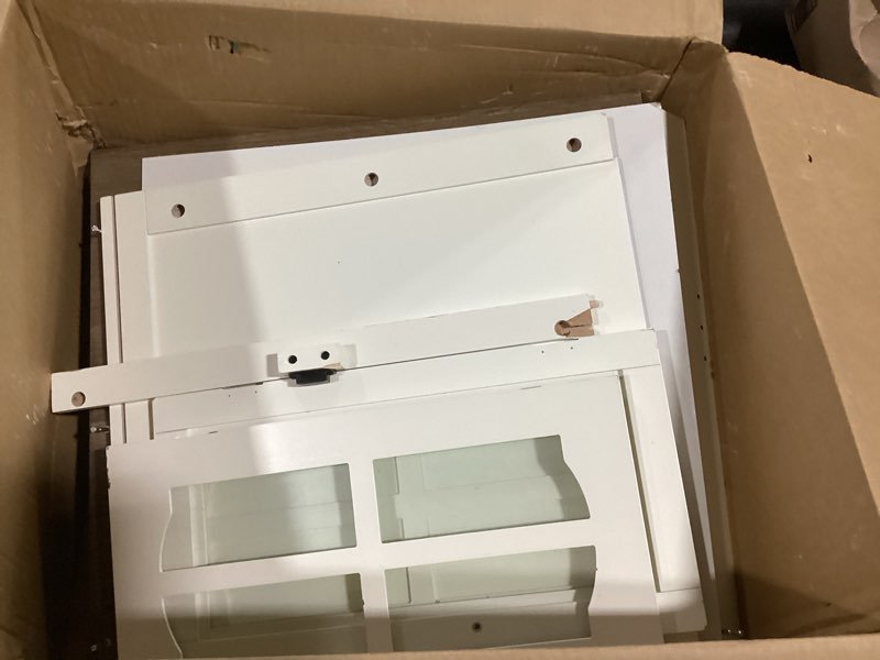 Condition photo showing As Is for choochoo farmhouse end table with charging station, 24" large sofa side table with led, square nightstand with glass barn door, bedside table with storage for living room, beige?cream and brown beige?cream and brown) 1 pack