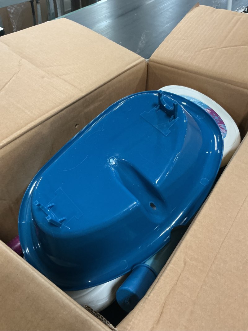 Condition photo showing As Is for huffy frozen 2 kid tricycle 3 wheel trike with two storage bins