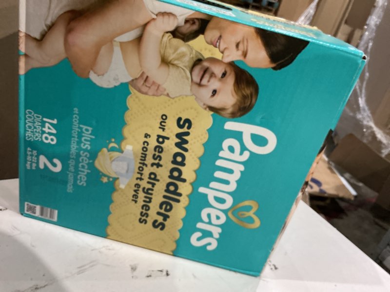 Condition photo showing New/Like New for pampers swaddlers diapers, size 2 (10-22 lbs), 148 count, absorbent, keeps baby dry and comfortable, skin safe disposable baby diaper size 2 148