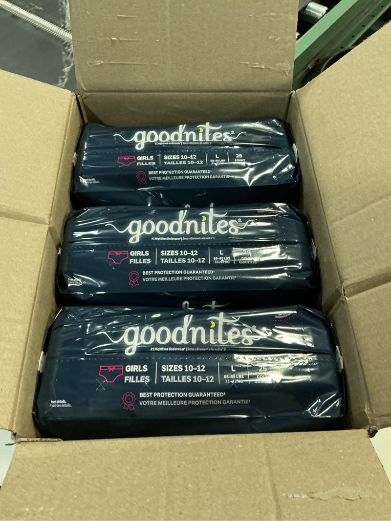 Condition photo showing New/Like New for Goodnites Girls' Nighttime Bedwetting Underwear, Size Large (68-95 lbs), 75 Ct (3 Packs of 25), Packaging May Vary Large 75