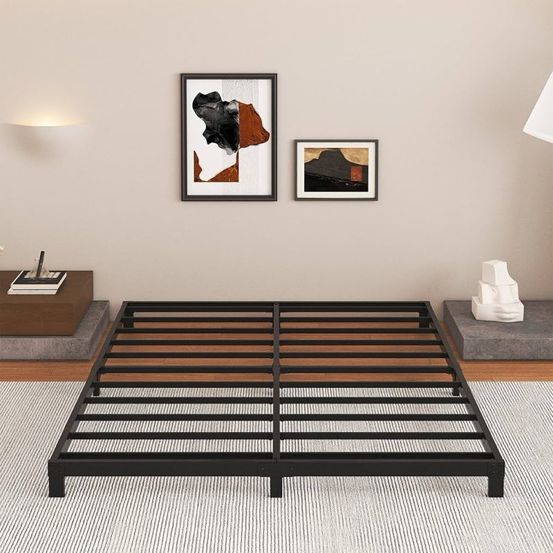 5 inch low queen bed frame, heavy duty bed frame queen size low profile, no box spring needed, easy assembly, noise free, black