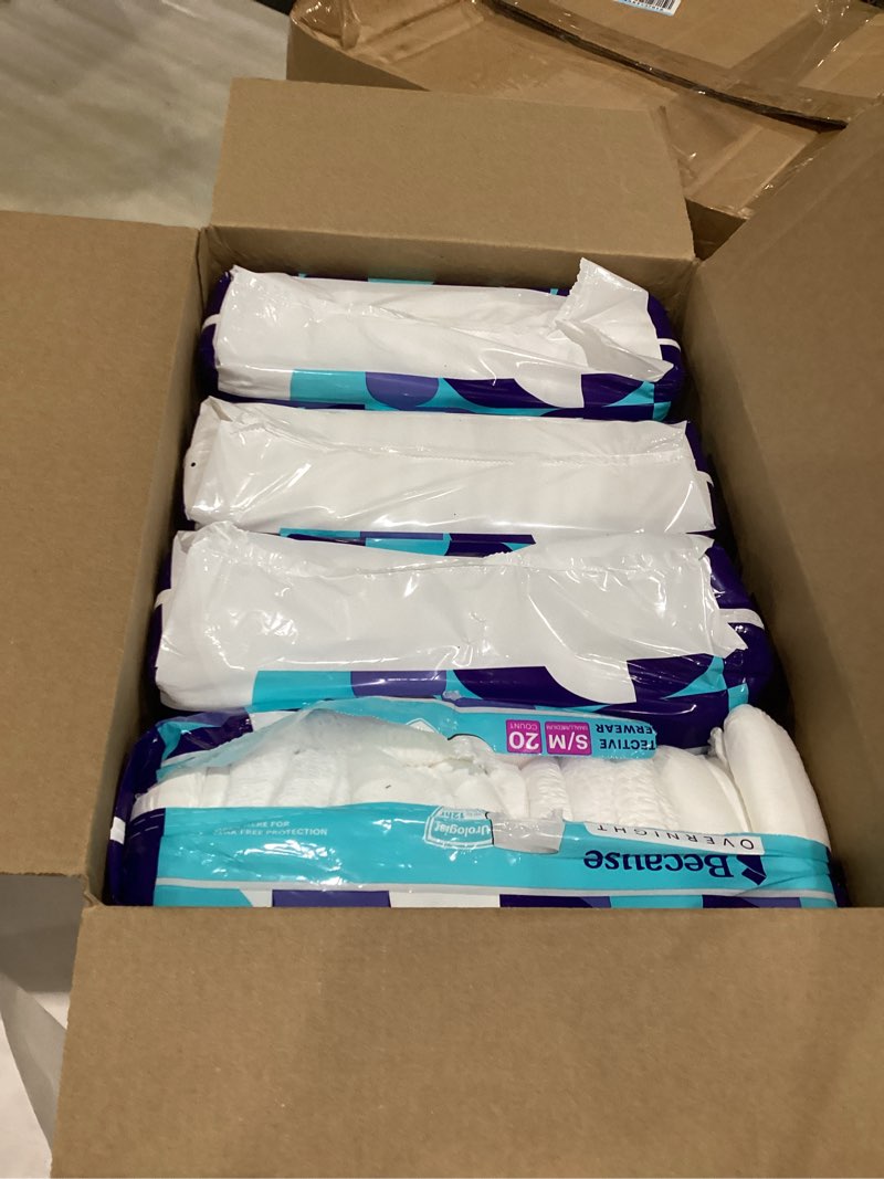 Condition photo showing As Is for because overnight absorbency pull ups - adult disposable incontinence underwear, extra absorbent nighttime briefs for men and women, white, small/medium, 80 count (4 packs of 20) small/medium (80 count)