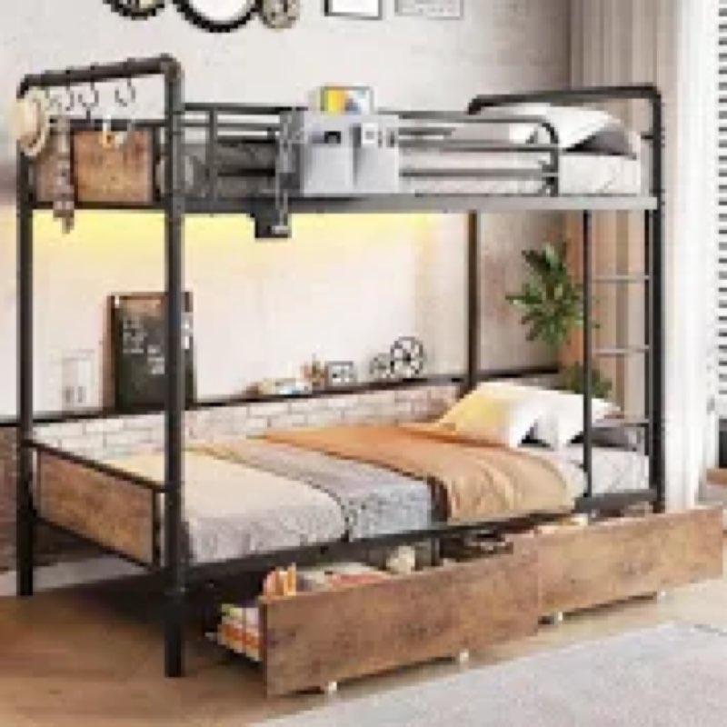 Jocoevol Metal LED Bunk Bed Twin Over Twin with 2 Storage Drawers, USB Charging Station, Industrial 