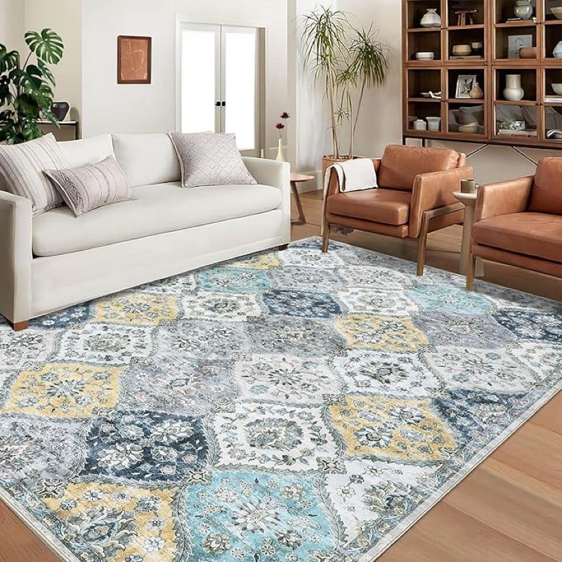  Similar Washable Area Rug 8x10 - Moroccan Vintage Floral Oriental Carpet for Living Room, Bedroom - Non-Slip Distressed Aesthetic Print, Brown
