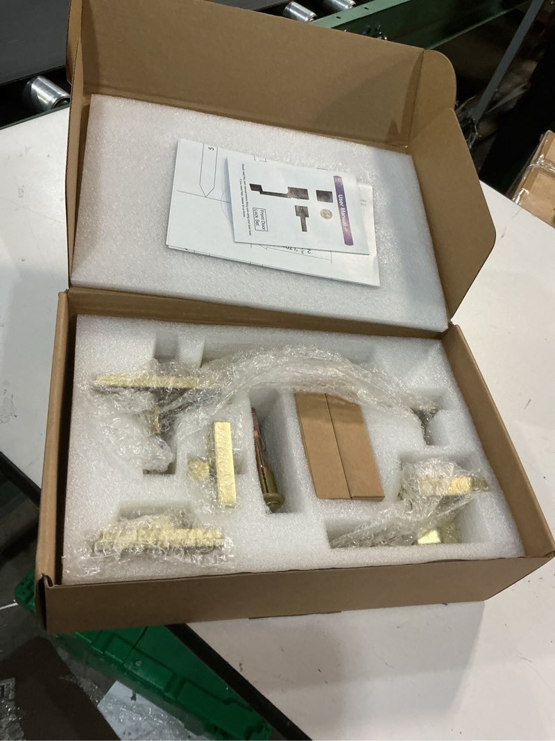 Condition photo showing Good Condition for 1 Set Entry Door Handle and Single Cylinder Deadbolt Lock and Key, Brass Front Door Lock - Heavy Duty Square Locking Lever Set - Exterior Door Handle in Satin Brass Finish 1 Handleset with Lever - Single Cylinder