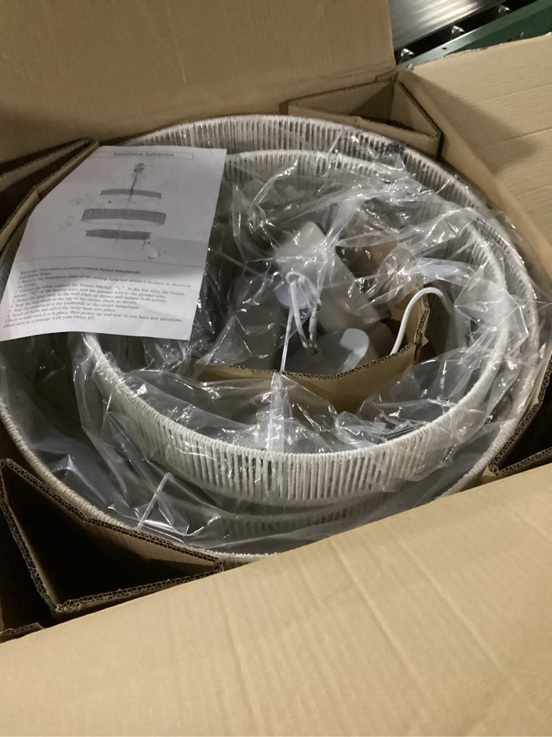 Condition photo showing New/Like New for QTLILMNT 4-Light Large White Rattan Chandeliers, 22.8in Boho Coastal Pendant Lights, Woven Hemp Rope Hanging Ceiling Lights, 3-Tier Wicker Lighting Fixture for Kitchen Island, Dining Room, Living Room White 22.8in