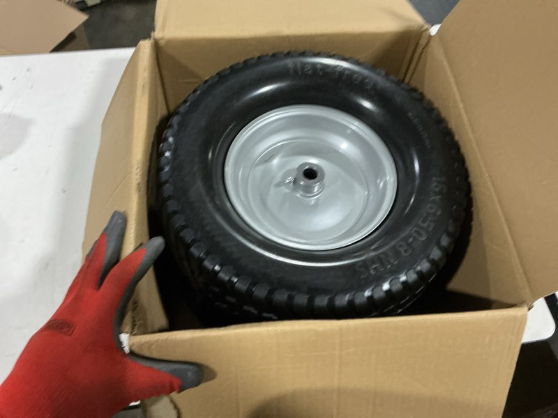 Condition photo showing Good Condition for ar-pro (2-pack) 16x6.50-8 flat free tire and wheel, solid lawn mower tire with 3"-4.3" centered hub & 3/4" bushings, compatible with riding mower graden tractor 16 x 6.50-8" flat-free (centered hub) silver