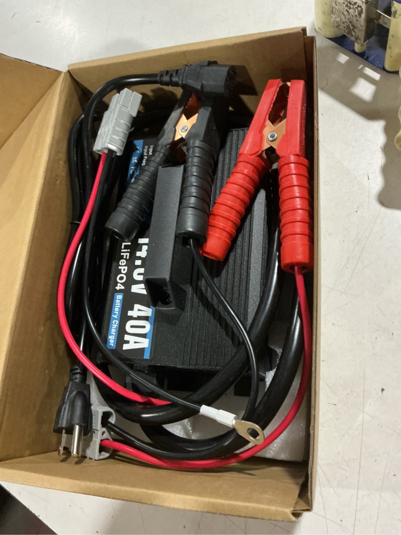 Condition photo showing As Is for 12v 40a lithium battery charger 14.6v lifepo4 battery charger for 12.8v lifepo4 lithium deep cycle rechargeable batteries 0v wake up 12 volt charger with 3 connectors for rv, boat, car, marine, solar