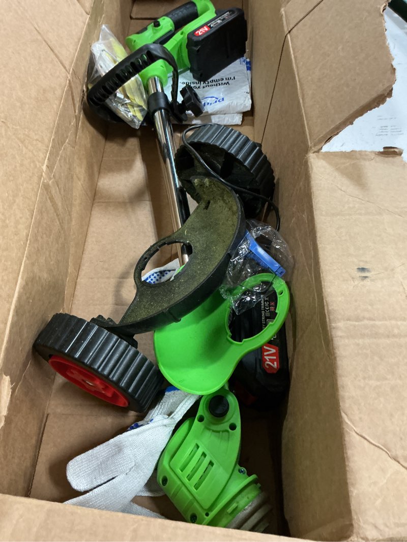 Condition photo showing As Is for 21v cordless weed wacker with wheels, 3-in-1 electric string trimmer, lawn edger & brush cutter, includes 2x2.0ah batteries & 3 blades, lightweight adjustable trimmer for thick weeds & small yards