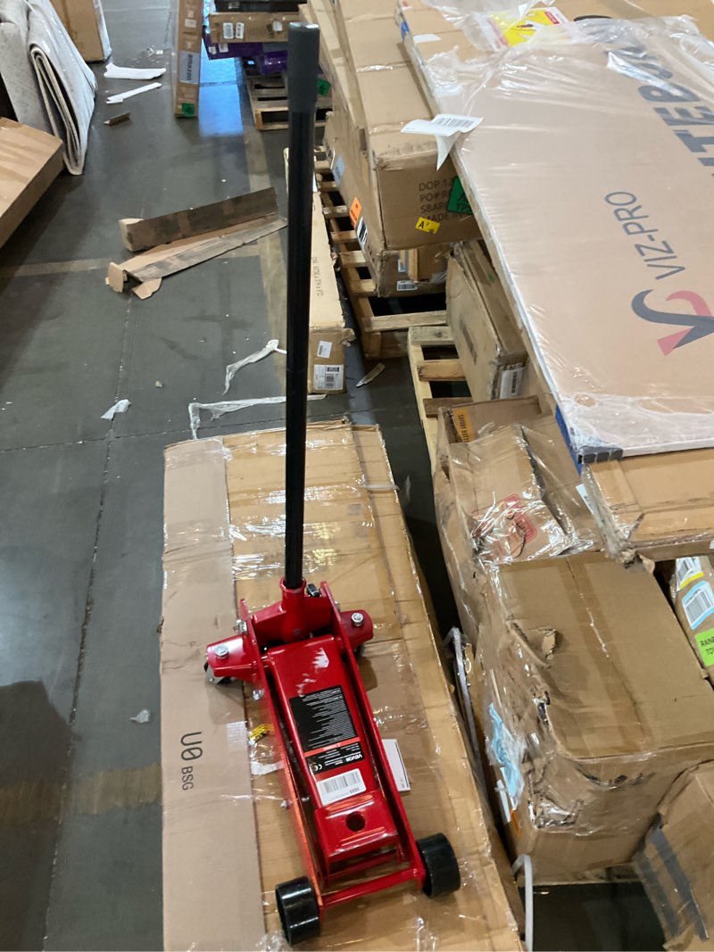 Condition photo showing As Is for vevor 3 ton low profile floor jack, steel racing floor jacks with single piston quick lift pump, hydraulic trolley car jack for sport utility vehicle, suvs, pickups, lifting range 5.1"-19.7" red