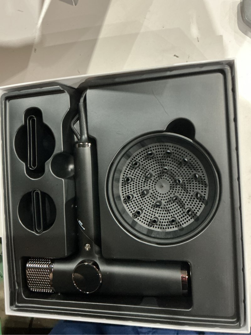 Condition photo showing As Is for dual voltage travel hair dryer with diffuser, 1900w professional high-speed ionic blow dryer for fast drying, lightweight, no heat damage, global use 110v-240v black silver