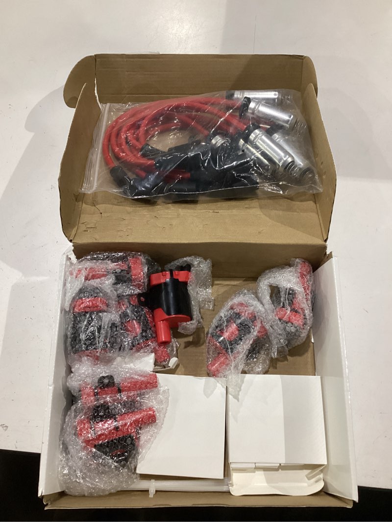 Condition photo showing New/Like New for 8 pack uf262 round ignition coil set with iridium spark plugs and 8mm wires for chevy silverado express gmc sierra savana yukon tahoe 1500 2500 3500 4.8l 5.3l 6.0l v8 engine tune up kit red uf262 + 748uu + 41-962 red
