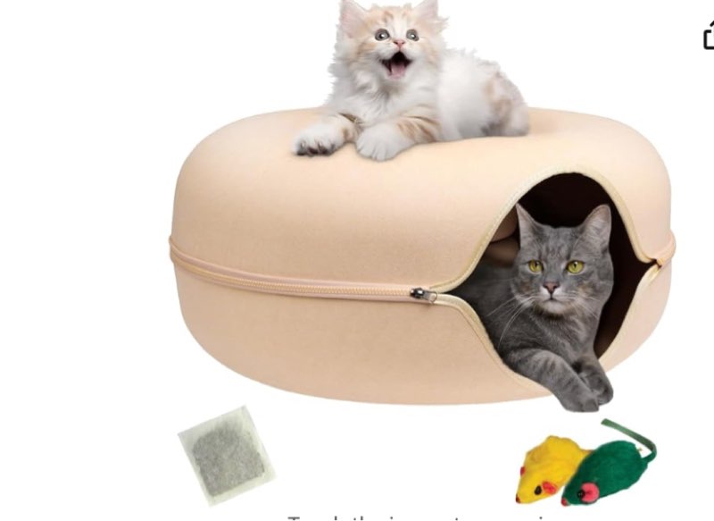 laluz 2021 large cat tunnel bed for indoor cats up to 30 lbs peekaboo donut cave with catnip and plush toys scratch resistant felt design detachable and washable cat tunnel (beige, l