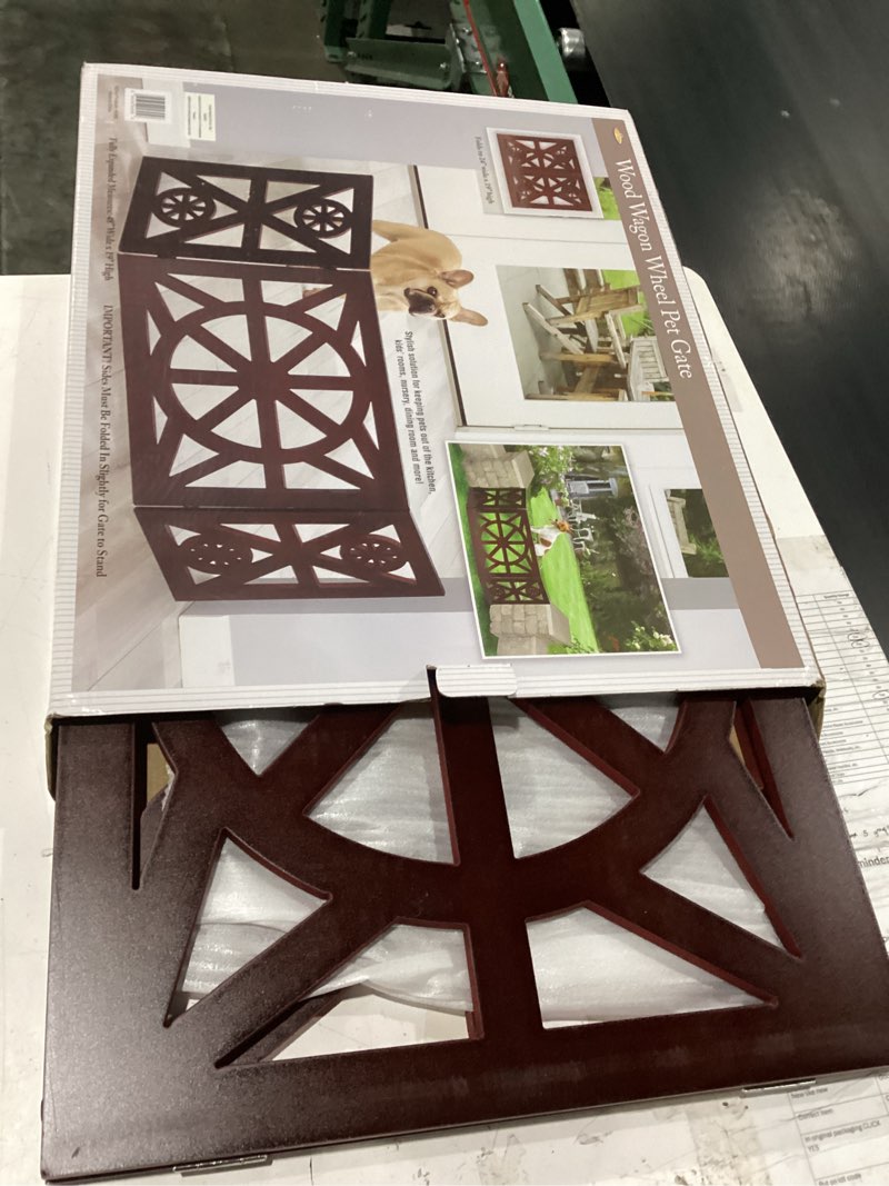 Condition photo showing New/Like New for etna 3 panel dog gate - trifold wagon wheel, freestanding, lightweight foldable, mahogany wood, brown, 48" w x 19" h