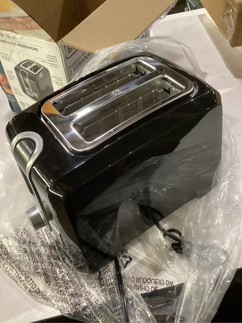 Condition photo showing Good Condition for black+decker 2-slice toaster, extra wide slots for bagels & thick bread, 6 browning settings, removable crumb tray, cancel button, 850w, black black 2-slice (pack of 1)