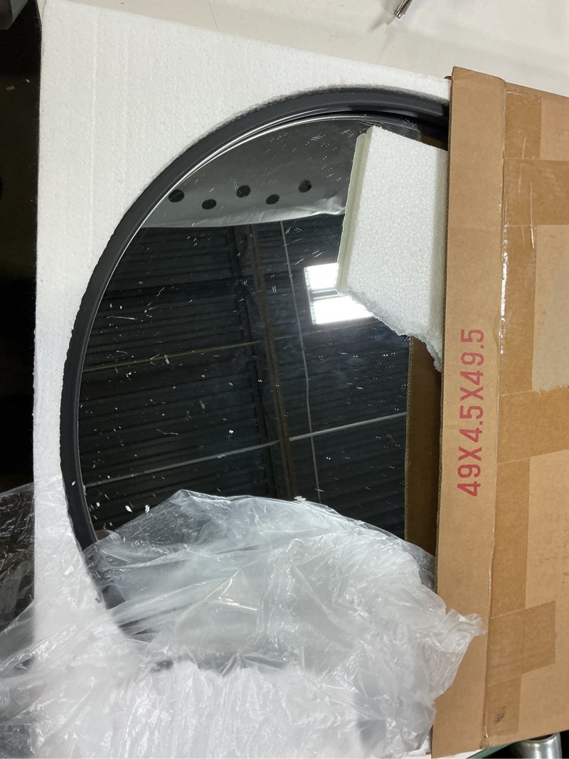 Condition photo showing Good Condition for 48 inch round bathroom mirror - black wall mounted circle mirror with metal frame, modern round hanging mirror suitable for bathroom, vanity, entryway, living room black 48"l x 48"w