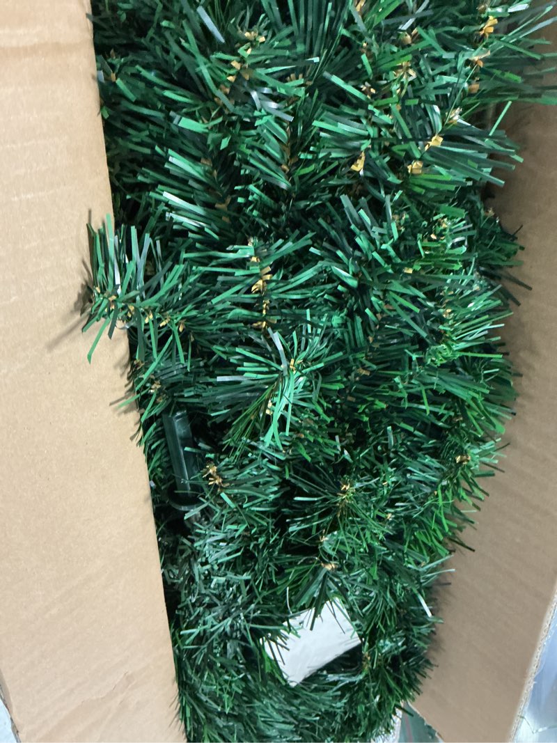 Condition photo showing As Is for KTKDE 7.5ft Artificial Christmas Tree is a Green one with 1450 Tips and 300 Battery-Powered LED Columns. It Features 7.87-inch Golden Five Pointed Star and is Perfect for Family and Office Gatherings Green 7.5ft