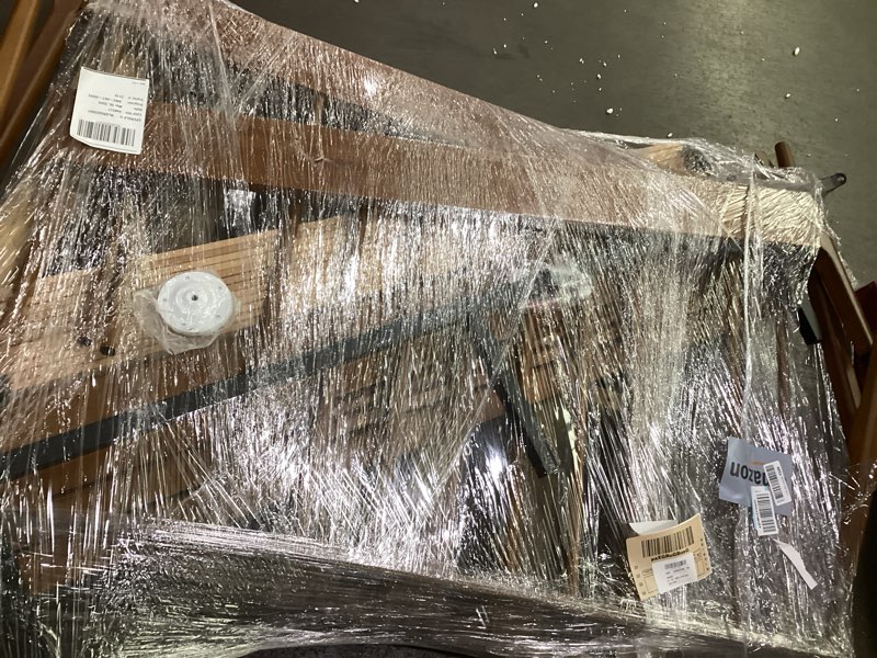 Condition photo showing As Is for incomplete *merax queen size solid bamboo wood spindle platform bed with 46.5\" tall headboard, bohemian bed frame with wooden slats and metal support, mid-century modern style,no box spring needed, brown