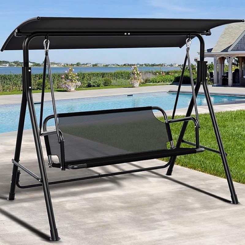  YITAHOME 3 Seater Canopy Swing Chair, Garden Swing Seat Chair, Outdoor Swinging Chair Bench with Adjustable Canopy for Patio Poolside Porch, 200KG Loadable,173 x 106 x 156cm, Black