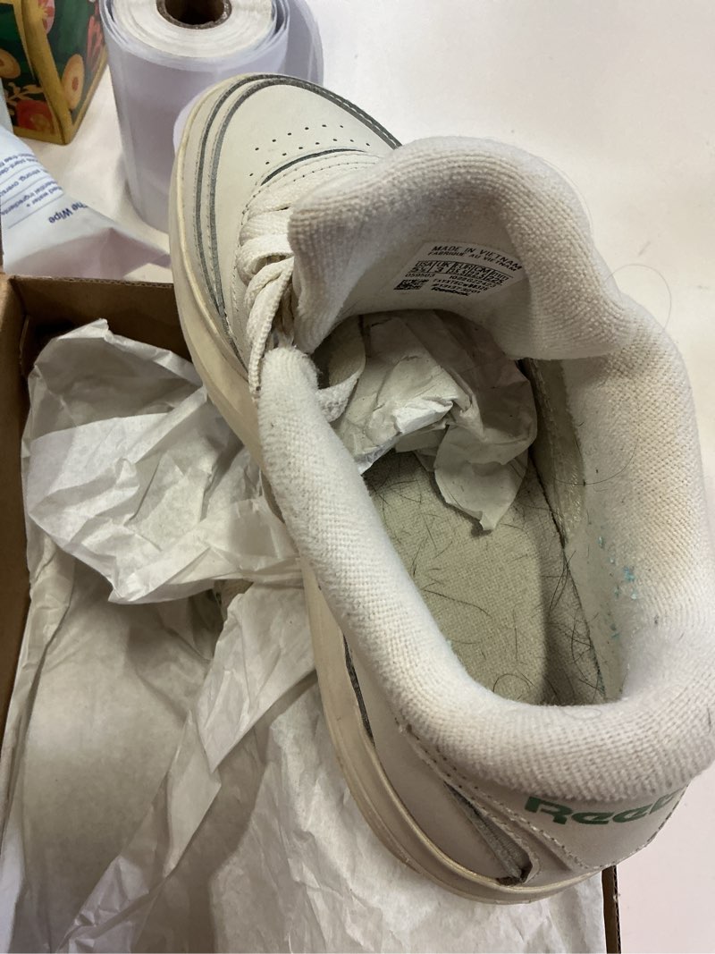 Condition photo showing As Is for reebok club c extra platform sneakers for women - white casual tennis women's fashion sneakers - womens shoes size 5 1/2 chalku/chalk/glen green 5-1/2