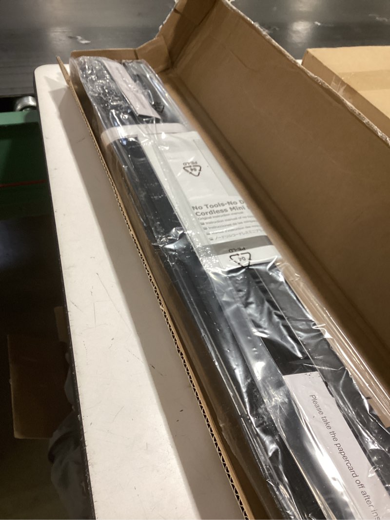 Condition photo showing Good Condition for No Tools No Drill Cordless Mini Blinds, 100% Privacy L - Shaped Blades 1" Vinyl Blinds for Indoor Windows, for Window Size 26" W × 64" H - Black Actual Received Dimensions 25 5/8" W× 64" H Black 26" W × 64" H