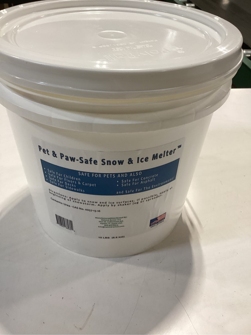 Condition photo showing New/Like New for just for pets snow & ice melter safe for pets & paws contains no toxic chlorides or painful to the paw rock salt, safe for dogs & cats. fast acting and works on contact 35 lb bucket